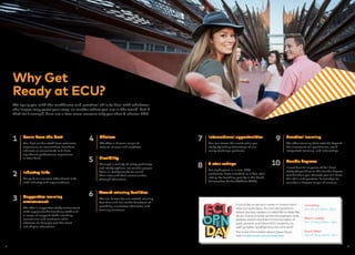 Why Get
Ready at ECU?
We equip you with the confidence and practical skills to deal with whatever
challenges may come your way, no matter where you are in the world. But if
that isn’t enough, here are a few more reasons why you should choose ECU.
3 Supportive learning
environment
We offer a supportive study environment
with approachable teaching staff and
a range of support staff, including
counsellors and academic skills
advisers, to help you get the most
out of your education.
2 Industry links
Many of our courses offer direct links
with industry and organisations.
5 Flexibility
Through a variety of entry pathways
and study options, we enable people
from all backgrounds to enrich
their lives and their communities
through education.
7 International opportunities
You can travel the world while you
study by taking advantage of our
many exchange partners.
6 Award-winning facilities
We are known for our award-winning
facilities and are at the forefront of
providing innovative education and
training solutions.
4 Choices
We offer a diverse range of
majors, minors and electives.
9 Practical learning
We offer learning that extends beyond
the classroom via practicums, work
integrated learning, and internships.
8 5-star ratings
For eight years in a row, ECU
graduates have awarded us a five‑star
rating for teaching quality in the Good
Universities Guide (2010 to 2017).
10 Double degrees
In just four to six years of full‑time
study (depending on the double degree
combination you choose), you will have
the skills and practical knowledge to
consider a diverse range of careers.
1 Learn from the best
Our high calibre staff have extensive
experience as researchers, teachers,
advisers or consultants and have
significant professional experience
in their field.
If you’d like to set your career in motion don’t
miss our open days. You can ask questions
about courses, careers, or what life is really like
at uni. Come to soak up the atmosphere, chat,
explore, watch and listen in the company of
past, present and future ECU students, as
well as highly‑qualified lecturers and staff.
For more information about Open Days,
visit ecugetready.com.au/openday
Mount Lawley
Sun 13 Aug 10am ­– 3pm
Joondalup
Sun 23 Jul 10am ­– 3pm
South West
Sun 27 Aug 12pm ­– 3pm
98
 