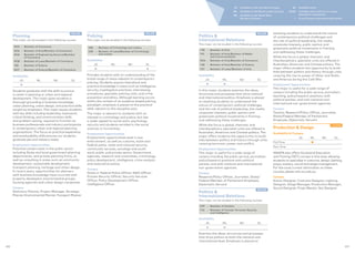 JO Available on the Joondalup Campus
ML Available on the Mount Lawley Campus
BU Available on the South West
(Bunbury) Campus
OL Available online
OLOC Available online with an on-campus
attendance requirement
+ Cross Campus attendance requirement
assisting students to understand the nature
of contemporary political challenges and
the role of political leadership, the media,
corporate interests, public opinion and
grassroots political movements in framing
and addressing these challenges.
While the focus is global, thematic and
interdisciplinary, specialist units are offered in
Australian, American and Chinese politics. The
major offers students the opportunity to build
links between politics and history through units
covering the rise to power of Hitler and Stalin,
and America during the Cold War.  
Employment Opportunities
This major is useful for a wide range of
careers including the public service, journalism,
teaching, policy/research positions with
political parties, and with national and
international non-government agencies.
Careers
Teacher, Research/Policy Officer, Journalist,
State/Federal Member of Parliament
Employee, Diplomatic Servant
Production  Design
COURSE
Availability  Campus
JO ML BU OL
Full-Time ●
Part-Time
WAAPA also offers Vocational Education
and Training (VET) courses in this area, allowing
students to specialise in costume, design, lighting,
props, scenery, sound and stage management.
For the most current information on these
courses, please visit ecu.edu.au
Careers
Scenic Designer, Costume Designer, Lighting
Designer, Stage Manager, Production Manager,
Sound Designer, Props Master, Set Designer
Politics 
International Relations
MAJOR
This major can be studied in the following courses:
Y78 - Bachelor of Arts
Y91 - Bachelor of Arts/Bachelor of Media
and Communications
W24 - Bachelor of Arts/Bachelor of Commerce
Y48 - Bachelor of Arts/Bachelor of Science
Y67 - Bachelor of Laws/Bachelor of Arts
Availability
JO ML BU OL
● ●
In this major, students examine the ideas,
structures and processes that drive national
and international politics. Emphasis is placed
on assisting students to understand the
nature of contemporary political challenges
and the role of political leadership, the media,
corporate interests, public opinion and
grassroots political movements in framing
and addressing these challenges.
While the focus is global, thematic and
interdisciplinary, specialist units are offered in
Australian, American and Chinese politics. The
major offers students the opportunity to build
links between politics and history through units
covering terrorism, power and conflict.
Employment Opportunities
This major is useful for a wide range of
careers including the public service, journalism,
policy/research positions with political
parties, and with national and international
non‑government agencies.
Careers
Research/Policy Officer, Journalist, State/
Federal Member of Parliament Employee,
Diplomatic Servant
Politics 
International Relations
MAJOR
This major can be studied in the following courses:
K99 - Bachelor of Aviation
Y14 - Bachelor of Counter Terrorism Security
and Intelligence
Availability
JO ML BU OL
● ●
Examine the ideas, structures and processes
that drive politics at both the national and
international level. Emphasis is placed on
Policing
MAJOR
This major can be studied in the following courses:
G81 - Bachelor of Criminology and Justice
K30 - Bachelor of Laws/Bachelor of Criminology
and Justice
Availability
JO ML BU OL
● ●
Provides students with an understanding of the
broad range of areas relevant to contemporary
policing. Students acquire theoretical and
practical knowledge in areas such as intelligence,
security, investigative practices, interviewing
procedures, specialist policing units, and crime
prevention and ethics. Although learning occurs
within the context of an evidence-based policing
paradigm, emphasis is placed on the practical
skills relevant to this discipline area.
The major is relevant to students with an
interest in criminology and justice, but has
a wider appeal to social work, psychology,
security and students enrolled in the social
sciences or humanities.
Employment Opportunities
Employment opportunities exist in law
enforcement, as well as customs, state and
federal police, state and national security,
community services, sociology and youth
work, public and private sector, Government
agencies, research and universities, criminology,
policy development, intelligence, crime analysis
and restorative justice.
Careers
State or Federal Police Officer, ASIO Officer,
Private Security Officer, Security Services
Officer, Policy Development Officer,
Intelligence Officer
Planning
MAJOR
This major can be studied in the following courses:
W23 - Bachelor of Commerce
W24 - Bachelor of Arts/Bachelor of Commerce
W26 - Bachelor of Engineering Honours/Bachelor
of Commerce
W28 - Bachelor of Laws/Bachelor of Commerce
Y83 - Bachelor of Science
W27 - Bachelor of Science/Bachelor of Commerce
Availability
JO ML BU OL
●
Students graduate with the skills to pursue
a career in planning or urban and regional
development. This major gives students a
thorough grounding in business knowledge,
urban planning, urban design, and practical skills
sought by employers. This major equips students
with key skills including leadership, teamwork,
critical thinking, and communication skills
and problem-solving, required to function as
business professionals and industry participants
in contemporary urban and regional planning
organisations. The focus on practical experience
and employability skills ensures our students
graduate job and industry ready.
Employment Opportunities
Potential careers exist in the public sector
including State and local government planning
departments, and private planning firms, as
well as consulting in areas such as community
development, sustainable development,
transport planning, heritage and urban design.
In recent years, opportunities for planners
with business knowledge have occurred with
property developers, environmental groups,
housing agencies and urban design companies.
Careers
Statutory Planner, Project Manager, Strategic
Planner, Environmental Planner, Transport Planner
107106
 