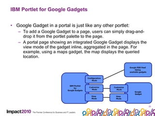IBM Portlet for Google Gadgets Google Gadget in a portal is just like any other portlet: To add a Google Gadget to a page, users can simply drag-and-drop it from the portlet palette to the page.  A portal page showing an integrated Google Gadget displays the view mode of the gadget inline, aggregated in the page. For example, using a maps gadget, the map displays the queried location.  