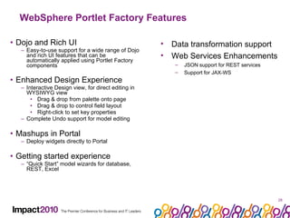 WebSphere Portlet Factory Features Dojo and Rich UI Easy-to-use support for a wide range of Dojo and rich UI features that can be automatically applied using Portlet Factory components Enhanced Design Experience Interactive Design view, for direct editing in WYSIWYG view Drag & drop from palette onto page Drag & drop to control field layout Right-click to set key properties Complete Undo support for model editing Mashups in Portal Deploy widgets directly to Portal Getting started experience “ Quick Start” model wizards for database, REST, Excel Data transformation support Web Services Enhancements JSON support for REST services Support for JAX-WS 