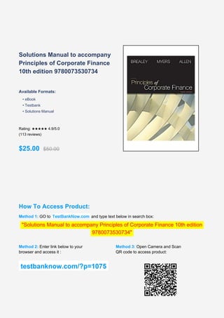 Comprehensive Solutions Manual for Principles of Corporate Finance 10th Edition | PDF