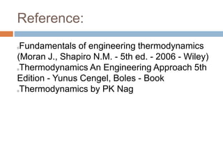 Reference:
Fundamentals of engineering thermodynamics
(Moran J., Shapiro N.M. - 5th ed. - 2006 - Wiley)
Thermodynamics An Engineering Approach 5th
Edition - Yunus Cengel, Boles - Book
Thermodynamics by PK Nag
 