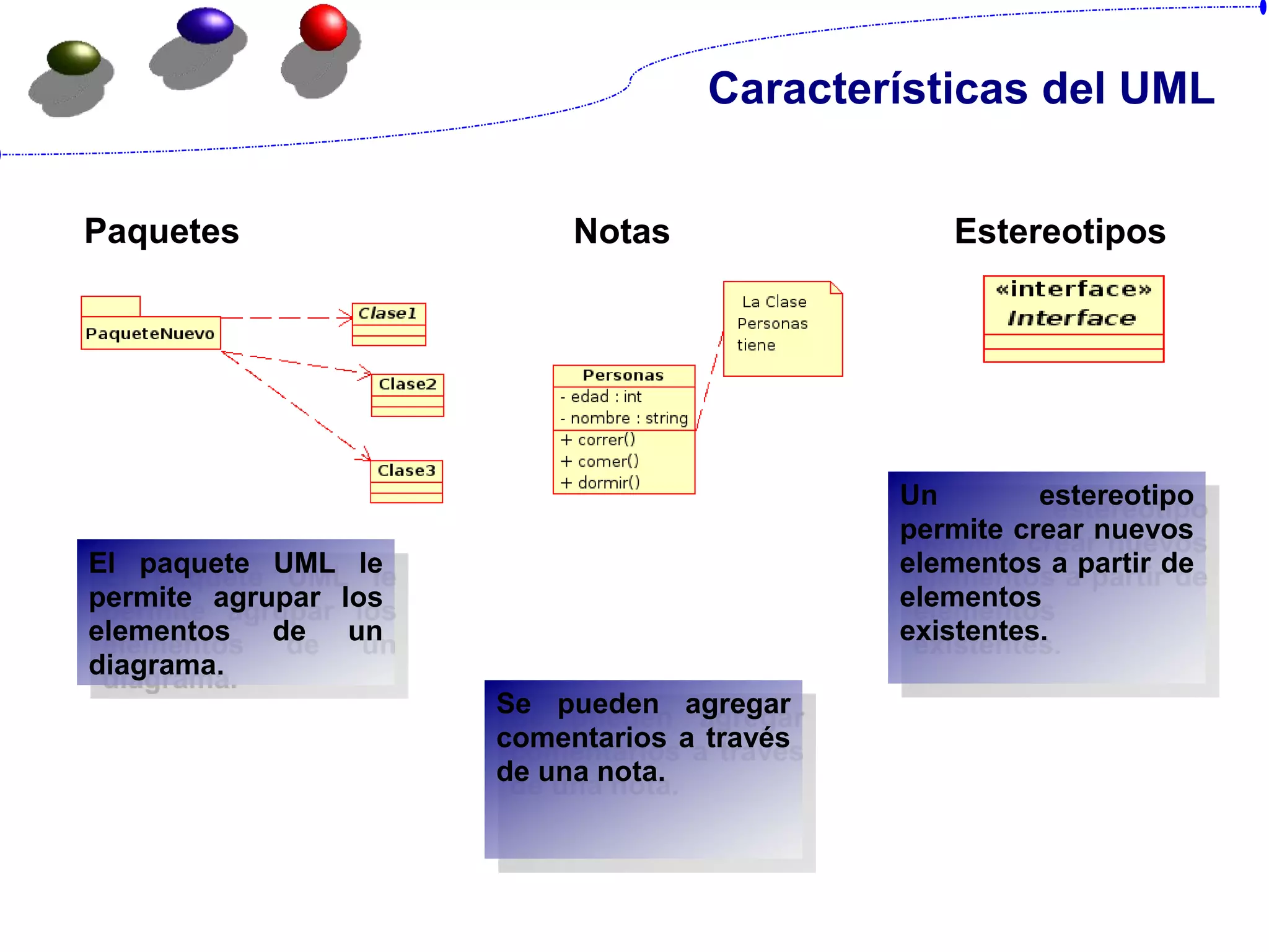 Características del UML
Paquetes Notas Estereotipos
El paquete UML le
permite agrupar los
elementos de un
diagrama.
Se pueden agregar
comentarios a través
de una nota.
Un estereotipo
permite crear nuevos
elementos a partir de
elementos
existentes.
 