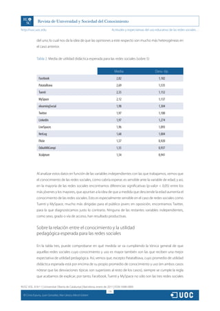 http://rusc.uoc.edu                                                             Actitudes y expectativas del uso educativo de las redes sociales…


                del uno, lo cual nos da la idea de que las opiniones a este respecto son mucho más heterogéneas en
                el caso anterior.


                Tabla 2. Media de utilidad didáctica esperada para las redes sociales (sobre 5)


                                                                                 Media                          Desv. típ.
                  Facebook                                                         2,82                           1,182
                  PatataBrava                                                      2,69                           1,535
                  Tuenti                                                           2,33                           1,152
                  MySpace                                                          2,12                           1,137
                  elearningSocial                                                  1,98                           1,304
                  Twitter                                                          1,97                           1,100
                  Linkedin                                                         1,97                           1,274
                  LiveSpaces                                                       1,96                           1,093
                  NetLog                                                           1,68                           1,004
                  Flickr                                                           1,57                           0,920
                  OdioAMiCompi                                                     1,55                           0,937
                  Xculpture                                                        1,54                           0,941




                Al analizar estos datos en función de las variables independientes con las que trabajamos, vemos que
                el conocimiento de las redes sociales, como cabría esperar, es sensible ante la variable de edad; y así,
                en la mayoría de las redes sociales encontramos diferencias significativas (p-valor < 0,05) entre los
                más jóvenes y los mayores, que apuntan a la idea de que a medida que desciende la edad aumenta el
                conocimiento de las redes sociales. Esto es especialmente sensible en el caso de redes sociales como
                Tuenti y MySpace, mucho más dirigidas para el público joven; en oposición, encontramos Twitter,
                para la que diagnosticamos justo lo contrario. Ninguna de las restantes variables independientes,
                como sexo, grado o vía de acceso, han resultado productivas.


                Sobre la relación entre el conocimiento y la utilidad
                pedagógica esperada para las redes sociales

                En la tabla tres, puede comprobarse en qué medida se va cumpliendo la tónica general de que
                aquellas redes sociales cuyo conocimiento y uso es mayor también son las que reciben una mejor
                expectativa de utilidad pedagógica. Así, vemos que, excepto PatataBrava, cuyo promedio de utilidad
                didáctica esperada está por encima de su propio promedio de conocimiento y uso (en ambos casos
                nótese que las desviaciones típicas son superiores al resto de los casos), siempre se cumple la regla
                que acabamos de explicar; por tanto, Facebook, Tuenti y MySpace no sólo son las tres redes sociales

RUSC VOL. 8 N.º 1 | Universitat Oberta de Catalunya | Barcelona, enero de 2011 | ISSN 1698-580X
                                                                          178
  CC
       Cinta Espuny, Juan González, Mar Lleixà y Mercè Gisbert
 