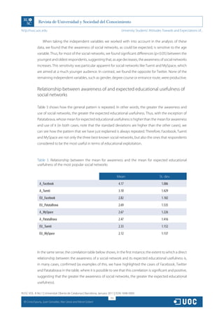 http://rusc.uoc.edu                                                               University Students’ Attitudes Towards and Expectations of...


                    When taking the independent variables we worked with into account in the analysis of these
                data, we found that the awareness of social networks, as could be expected, is sensitive to the age
                variable. Thus, for most of the social networks, we found significant differences (p<0.05) between the
                youngest and oldest respondents, suggesting that, as age decreases, the awareness of social networks
                increases. This sensitivity was particular apparent for social networks like Tuenti and MySpace, which
                are aimed at a much younger audience. In contrast, we found the opposite for Twitter. None of the
                remaining independent variables, such as gender, degree course or entrance route, were productive.


                Relationship between awareness of and expected educational usefulness of
                social networks

                Table 3 shows how the general pattern is repeated. In other words, the greater the awareness and
                use of social networks, the greater the expected educational usefulness. Thus, with the exception of
                Patatabrava, whose mean for expected educational usefulness is higher than the mean for awareness
                and use of it (in both cases, note that the standard deviations are higher than the other cases), we
                can see how the pattern that we have just explained is always repeated. Therefore, Facebook, Tuenti
                and MySpace are not only the three best-known social networks, but also the ones that respondents
                considered to be the most useful in terms of educational exploitation.



                Table 3. Relationship between the mean for awareness and the mean for expected educational
                usefulness of the most popular social networks


                                                                               Mean                           St. dev.
                 A_Facebook                                                    4.17                             1.086
                 A_Tuenti                                                      3.10                             1.429
                 EU_Facebook                                                   2.82                             1.182
                 EU_PatataBrava                                                2.69                             1.535
                 A_MySpace                                                     2.67                             1.226
                 A_PatataBrava                                                 2.47                             1.416
                 EU_Tuenti                                                     2.33                             1.152
                 EU_MySpace                                                    2.12                             1.137



                In the same sense, the correlation table below shows, in the first instance, the extent to which a direct
                relationship between the awareness of a social network and its expected educational usefulness is,
                in many cases, confirmed (as examples of this, we have highlighted the cases of Facebook, Twitter
                and Patatabrava in the table, where it is possible to see that this correlation is significant and positive,
                suggesting that the greater the awareness of social networks, the greater the expected educational
                usefulness).

RUSC VOL. 8 No 1 | Universitat Oberta de Catalunya | Barcelona, January 2011 | ISSN 1698-580X
                                                                         193
  CC
       Cinta Espuny, Juan González, Mar Lleixà and Mercè Gisbert
 