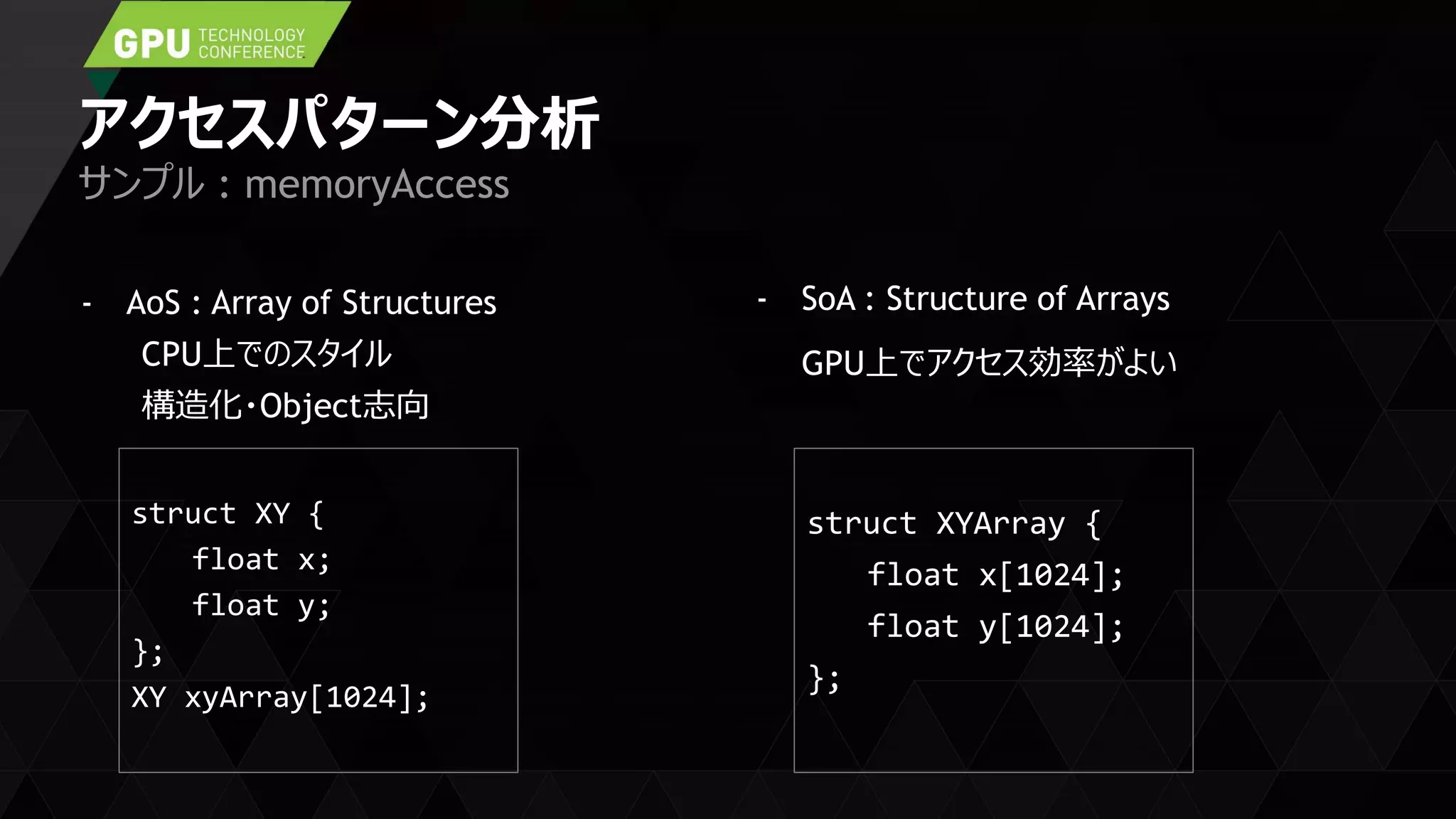 アクセスパターン分析
- AoS : Array of Structures
CPU上でのスタイル
構造化・Object志向
サンプル : memoryAccess
- SoA : Structure of Arrays
GPU上でアクセス効率がよい
struct XY {
float x;
float y;
};
XY xyArray[1024];
struct XYArray {
float x[1024];
float y[1024];
};
 