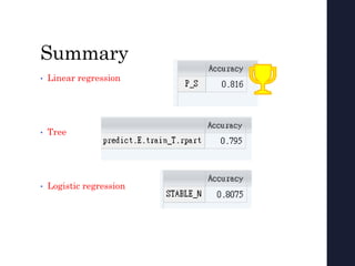 Summary
• Linear regression
• Tree
• Logistic regression
 