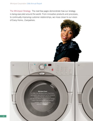 Whirlpool Corporation 2006 Annual Report



     The Whirlpool Strategy The next few pages demonstrate how our strategy
     is being executed around the world. From innovative products and processes,
     to continually improving customer relationships, we move closer to our vision
     of Every Home...Everywhere.




                                              Whirlpool Duet:
                               In 2006, the Whirlpool brand Duet fabric
                              care system was honored by the Industrial
                                       Designers Society of America
                              and BusinessWeek magazine for its design.
                                 It also is the first washer and pedestal
                                       certified user-friendly by the
                                            Arthritis Foundation.




08
 