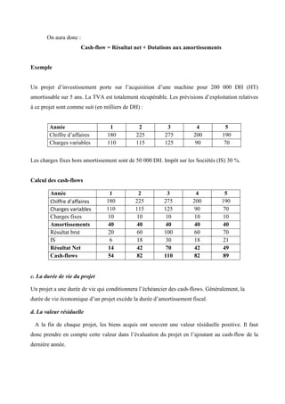 On aura donc :
Cash-flow = Résultat net + Dotations aux amortissements
Exemple
Un projet d’investissement porte sur l’acquisition d’une machine pour 200 000 DH (HT)
amortissable sur 5 ans. La TVA est totalement récupérable. Les prévisions d’exploitation relatives
à ce projet sont comme suit (en milliers de DH) :
Année 1 2 3 4 5
Chiffre d’affaires 180 225 275 200 190
Charges variables 110 115 125 90 70
Les charges fixes hors amortissement sont de 50 000 DH. Impôt sur les Sociétés (IS) 30 %.
Calcul des cash-flows
Année 1 2 3 4 5
Chiffre d’affaires 180 225 275 200 190
Charges variables 110 115 125 90 70
Charges fixes 10 10 10 10 10
Amortissements 40 40 40 40 40
Résultat brut 20 60 100 60 70
IS 6 18 30 18 21
Résultat Net 14 42 70 42 49
Cash-flows 54 82 110 82 89
c. La durée de vie du projet
Un projet a une durée de vie qui conditionnera l’échéancier des cash-flows. Généralement, la
durée de vie économique d’un projet excède la durée d’amortissement fiscal.
d. La valeur résiduelle
A la fin de chaque projet, les biens acquis ont souvent une valeur résiduelle positive. Il faut
donc prendre en compte cette valeur dans l’évaluation du projet en l’ajoutant au cash-flow de la
dernière année.
 
