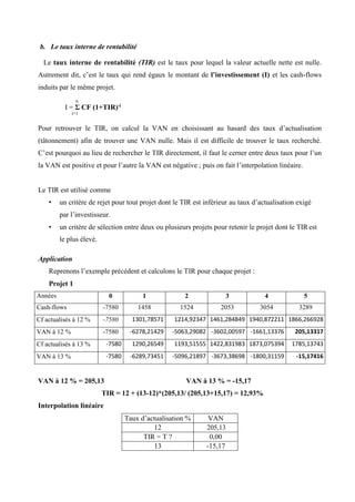 b. Le taux interne de rentabilité
Le taux interne de rentabilité (TIR) est le taux pour lequel la valeur actuelle nette est nulle.
Autrement dit, c’est le taux qui rend égaux le montant de l’investissement (I) et les cash-flows
induits par le même projet.
n
I = Σ CF (1+TIR)-i
i=1
Pour retrouver le TIR, on calcul la VAN en choisissant au hasard des taux d’actualisation
(tâtonnement) afin de trouver une VAN nulle. Mais il est difficile de trouver le taux recherché.
C’est pourquoi au lieu de rechercher le TIR directement, il faut le cerner entre deux taux pour l’un
la VAN est positive et pour l’autre la VAN est négative ; puis on fait l’interpolation linéaire.
Le TIR est utilisé comme
• un critère de rejet pour tout projet dont le TIR est inférieur au taux d’actualisation exigé
par l’investisseur.
• un critère de sélection entre deux ou plusieurs projets pour retenir le projet dont le TIR est
le plus élevé.
Application
Reprenons l’exemple précédent et calculons le TIR pour chaque projet :
Projet 1
Années 0 1 2 3 4 5
Cash-flows -7580 1458 1524 2053 3054 3289
Cf actualisés à 12 % -7580 1301,78571 1214,92347 1461,284849 1940,872211 1866,266928
VAN à 12 % -7580 -6278,21429 -5063,29082 -3602,00597 -1661,13376 205,13317
Cf actualisés à 13 % -7580 1290,26549 1193,51555 1422,831983 1873,075394 1785,13743
VAN à 13 % -7580 -6289,73451 -5096,21897 -3673,38698 -1800,31159 -15,17416
VAN à 12 % = 205,13 VAN à 13 % = -15,17
TIR = 12 + (13-12)*(205,13/ (205,13+15,17) = 12,93%
Interpolation linéaire
Taux d’actualisation % VAN
12 205,13
TIR = T ? 0,00
13 -15,17
 