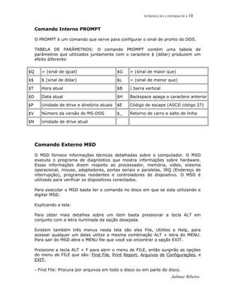 INTRODUÇÃO A INFORMÁTICA 10
Comando Interno PROMPT
O PROMPT é um comando que serve para configurar o sinal de pronto do DOS.
TABELA DE PARÂMETROS: O comando PROMPT contém uma tabela de
parâmetros que utilizados juntamente com o caractere $ (dólar) produzem um
efeito diferente:
$Q = (sinal de igual) $G > (sinal de maior que)
$$ $ (sinal de dólar) $L < (sinal de menor que)
$T Hora atual $B | barra vertical
$D Data atual $H Backspace apaga o caractere anterior
$P Unidade de drive e diretório atuais $E Código de escape (ASCII código 27)
$V Número da versão do MS-DOS $_ Retorno de carro e salto de linha
$N Unidade de drive atual
Comando Externo MSD
O MSD fornece informações técnicas detalhadas sobre o computador. O MSD
executa o programa de diagnóstico que mostra informações sobre hardware.
Essas informações dizem respeito ao processador, memória, vídeo, sistema
operacional, mouse, adaptadores, portas seriais e paralelas, IRQ (Endereço de
interrupção), programas residentes e controladores de dispositivo. O MSD é
utilizado para verificar os dispositivos conectados.
Para executar o MSD basta ter o comando no disco em que se esta utilizando e
digitar MSD.
Explicando a tela:
Para obter mais detalhes sobre um item basta pressionar a tecla ALT em
conjunto com a letra iluminada da opção desejada.
Existem também três menus nesta tela são eles File, Utilites e Help, para
acessar qualquer um deles utilize a mesma combinação ALT + letra do MENU.
Para sair do MSD abra o MENU file que você vai encontrar a opção EXIT.
Pressione a tecla ALT + F para abrir o menu de FILE, então surgirão as opções
do menu de FILE que são: Find File, Print Report, Arquivos de Configurações, e
EXIT.
- Find File: Procura por arquivos em todo o disco ou em parte do disco.
Julimar Ribeiro
 
