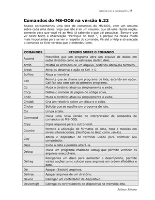 INTRODUÇÃO A INFORMÁTICA 35
Comandos do MS-DOS na versão 6.22
Abaixo apresentamos uma lista de comandos do MS-DOS, com um resumo
sobre cada uma deles. Veja que isto é só um resumo, que dá uma rápida noção,
somente para que você vá ao Help já sabendo o que vai pesquisar. Sempre que
vir neste texto a observação “Verifique no Help´”, é porque há coisas muito
mais importantes para se ver a respeito do comando. Vá até o Help e só execute
o comando se tiver certeza que o entendeu bem.
COMANDOS RESUMO SOBRE O COMANDO
Append
Possibilita que um programa abra um arquivo de dados em
outro diretório como se estivesse dentro dele.
Attrib Mostra os atributos de um arquivo, podendo alterá-los também.
Break Ativa ou desativa a ação de Crtl + C
Buffers Aloca a memória
Call
Permite que se chame um programa de lote, estando em outro.
Call faz isso sem sair do primeiro programa.
Cd Muda o diretório atual ou simplesmente o exibe.
Chcp Define o número de página de código ativa.
Chdir Muda o diretório atual ou simplesmente o exibe.
Chkdsk Cria um relatório sobre um disco e o exibe.
Choice Solicita que se escolha um programa de lote.
Cls Limpa a tela.
Command
Inicia uma nova versão do interpretador de comandos de
comandos do MS-DOS.
Copy Copia arquivos para o outro local.
Country
Permite a utilização de formatos de data, hora e moedas em
níveis internacionais. (Verifique no Help como usá-lo)
Ctty
Altera o dispositivo de terminal usado para controlar seu
computador.
Date Exibe a data e permite alterá-la.
Debug
Inicia um programa chamado Debug que permite verificar os
arquivos executáveis.
Defrag
Reorganiza um disco para aumentar o desempenho, permite
várias opções como colocar seus arquivos em ordem alfabética e
data.
Del Apagar (Excluir) arquivos.
Deltree Apagar arquivos de um diretório.
Device Carregar um controlador de dispositivo.
Devicehigh Carrega os controladores de dispositivo na memória alta.
Julimar Ribeiro
 