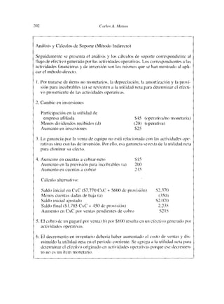 202                                      Ccí/los A. Manos




    Análisis y Cálculos de Soporte (Método Indirecto>

    Seguidamente sc píesenma e.! análisis y los cálculos de soporte correspondiente al
    flujo de efectivo gencíado por las actividades operativas. Los correspondientes a las
    actividades financieras y de inversion son los mismos que se han mostrado al apli-
    can el método di -ceLo.

      Por tratarse de ítems no monetarios, la depreciacion. la amortizacion y la pr<.)vi—
      sión para incobrables (a) se revierten a la utilidad neta para determinar el efecti-
      yo proveniente de las actividades operativas.

    2. Cambio en inversmones

      Participación en la utilidad de
       empresa afiliada                                        $45 (operativa/no mn.onetanizt)
      Menos diviclendos recibidos (cl)                         12<)) (operativa)
      Aumento en inversiones                                    $25

    3. La ganancia por la venta de equipo no está relacionada con las actividades ope-
       nativas sino con las de inversión. Por ello, esa gan ancia se resta de la tít jI idad neta
       para cli minar su efecto.

¡   4. Aumento en cuentas a cobrar—neto                         $15
       Aumento en la provisión para incobrables (a)             200
¡      Aumento en cuentas a cobrar                              2 5

       Cálculo altcrnatm yo:

       Saldo inicial en CxC ($7.771> CxC + 561)1) dc provisión)               $2370
       Menos cuentas dadas de baja <a)                                         (350>
       Saldo inicial ¿xltistado                                               $2.020
       Saldo final (5)785 CxC ±450de provisiómi)                               2.235
       Aumento en CxC pom ventas pendientes de cobro                           52 1 5

    5- El cobro de   un pagaré por venta Ib) por $    00 vestí Ita e n   un electivo generado por
       ¿Idi ¼dades
                 operal i v¿ms.

    6. El decremento en inventario debería haber aumentado el costo de ventas y di
       mi nuído la utilidad neta en el período corriente. Se agrega a la tml 1 dad neta para
       determinar el electivo originado en actividades operativas porque ese decrenien—
       to no es un ítem monetario.
 