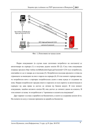 Защита при създаване на PHP приложения в Интернет 2013




                          Фиг. 1, Използване на чужда сесия




      Първо атакуващият (в случая също легитимен потребител на системата) се
автентикира на сървъра (1) и получава дадено session ID (2). След това атакуващия
изпраща връзката http://online.worldbank.dom/login.jsp?sessionid=1234 към потребителя,
опитвайки се да го накара да я последва (3). Потребителя последва връзката и отива на
страницата за въвеждане на име и парола на сървъра (4). В този момент сървъра вижда,
че потребителя вече е стартирал потребителска сесия и няма нужда от създаване на
нова. Накрая потребителят предава името и паролата си към скрипта за автентикация и
сървърът му дава права за достъп до личния му банков акаунт. В този момент
атакуващия, знаейки неговото session ID, има достъп до личните данни на клиента. В
този момент се казва, че потребителят е “проникнал в сесията на атакуващия”.
   Друг вариант за атака е кражбата на бисквитките, в които се съхранява session id-то.
На схемата по-долу е показан принципа на кражба на бисквитки.




Антон Шумански, спец.Информатика, V курс, гр.59, фак. №10782                        9
 