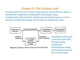 Chapter 8: The Cooling Load
Cooling load is the rate at which energy must be removed from a space to
maintain the temperature and humidity at the design values.
Cooling load is determined by internal and external heat gains as well as
structure variable heat storage, all of which are transient in nature
Instantaneous heat gain
is the heat received by
the space being
conditioned.
Instantaneous cooling
load is the heat gain by
the air in the space
 