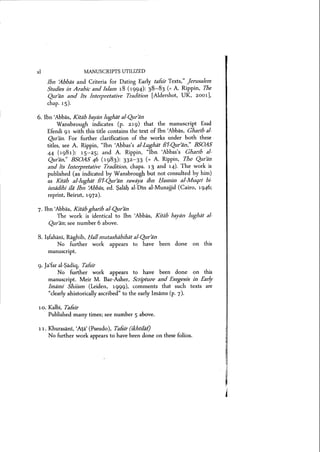 xl MANUSCRIPTS UTILIZED
Ibn 'Abbas and Criteria for Dating Early taisir Texts," Jerusalem
Studies in Arabic and Islam 18 (1994): 38-83 (= A. Rippin, The
Qur~n and Its Interpretative Tradition [Aldershot, UK, 2001],
chap. 15).
6. Ibn 'Abbas, Kitiib bayiinlughat al-Qur~n
Wansbrough indicates (p. 219) that the manuscript Esad
Efendi 91 with this title contains the text of Ibn 'Abbas, Gharib al-
Quran. For further clarification of the works under both these
titles, see A. Rippin, "Ibn 'Abbas's al-Lughat fI1-Qur>an," BSOAS
44 (1981): 15-2 5; and A. Rippin, "Ibn 'Abbas's Gbsrib sl-
Qur~n," BSOAS 46 (1983): 332-33 (= A. Rippin, The Qur~n
and Its Interpretative Tradition, chaps. 13 and 14). The work is
published (as indicated by Wansbrough butnot consulted by him)
as Kitab al-lughat fI1-Qur~n rawaya ibn Hssniin al-Muqri bi-
isruidihi11a Ibn 'Abbas, ed. Salah al-Din al-Munajjid (Cairo, 1946;
reprint, Beirut, 1972).
7. Ibn 'Abbas, Kitiib gharib al-Qur~n
The work is identical to Ibn 'Abbas, Kitab bayan lughat al-
Qur~n; see number 6 above.
8. Isfahani, Raghib, Hsll mutashsbihat al-Qur~n
No further work appears to have been done on this
manuscript.
9. Ja'far al-Sadiq, Tsisir
No further work appears to have been done on this
manuscript. Meir M. Bar-Asher, Scripture and Exegesis in Early
Imsmi Shiism (Leiden, 1999), comments that such texts are
"clearly ahistorically ascribed" to the early Imams (p. 7).
10. Kalbj, TafSIr
Published many times; see number 5 above.
11. Khurasani, (Ata' (Pseudo), Taisir (ikhtilal)
No further work appears to have been done on these folios.
 