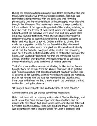 During the morning a telegram came from Helen saying that she and
Miss Stuart would arrive by the afternoon express. Jean had just
terminated a long interview with the cook, and was frowning
portentously over her unusual duties as housekeeper, when Nathalie
brought her the news. She made a grimace and then proceeded to
inform Nathalie of the approaching arrival of the Vortex, subduing as
best she could the tremor of excitement in her voice. Nathalie was
jubilant. At last the dull days were at an end, and they would start
on a new round of festivities. While she was chattering volubly it
suddenly occurred to Jean that it would be a pleasant welcome to
Helen and Miss Stuart to ask Mr. Dudley and Farr to dinner. She
made the suggestion timidly, for she feared that Nathalie would
divine the true motive which prompted her. Her mind was instantly
set at rest, for Nathalie, overjoyed at the break in the monotony,
gave her a friendly push toward the desk to hasten the writing of the
notes. Jean laughingly reminded her that the Vortex had not yet
arrived, and then they put their two heads together to concoct a
dinner which should quite equal one of Helen's ordering.
That afternoon, as they were about starting for the station, Barnes
brought back the answer from the Vortex. Farr's was of so grateful
and rejoicing a nature that Jean laughed light-heartedly as she read
it. It came to her suddenly, as they were bowling along the highroad,
that in her note to him she had not mentioned the fact that Miss
Stuart was with them, nor had she done so in the one letter she had
written him during his absence.
"It was just an oversight," she said to herself. "A mere chance."
A mere chance, and yet chance sometimes means fate.
Helen met them with so many questions about Gladys, the boys, and
Aunt Helen, that Jean had no opportunity to unfold her plan for
dinner until Miss Stuart had gone to her room, and she had followed
her sister into the nursery. Helen was tired and travel-worn, but she
was delighted by Jean's thoughtfulness for Lillian's pleasure, and
 