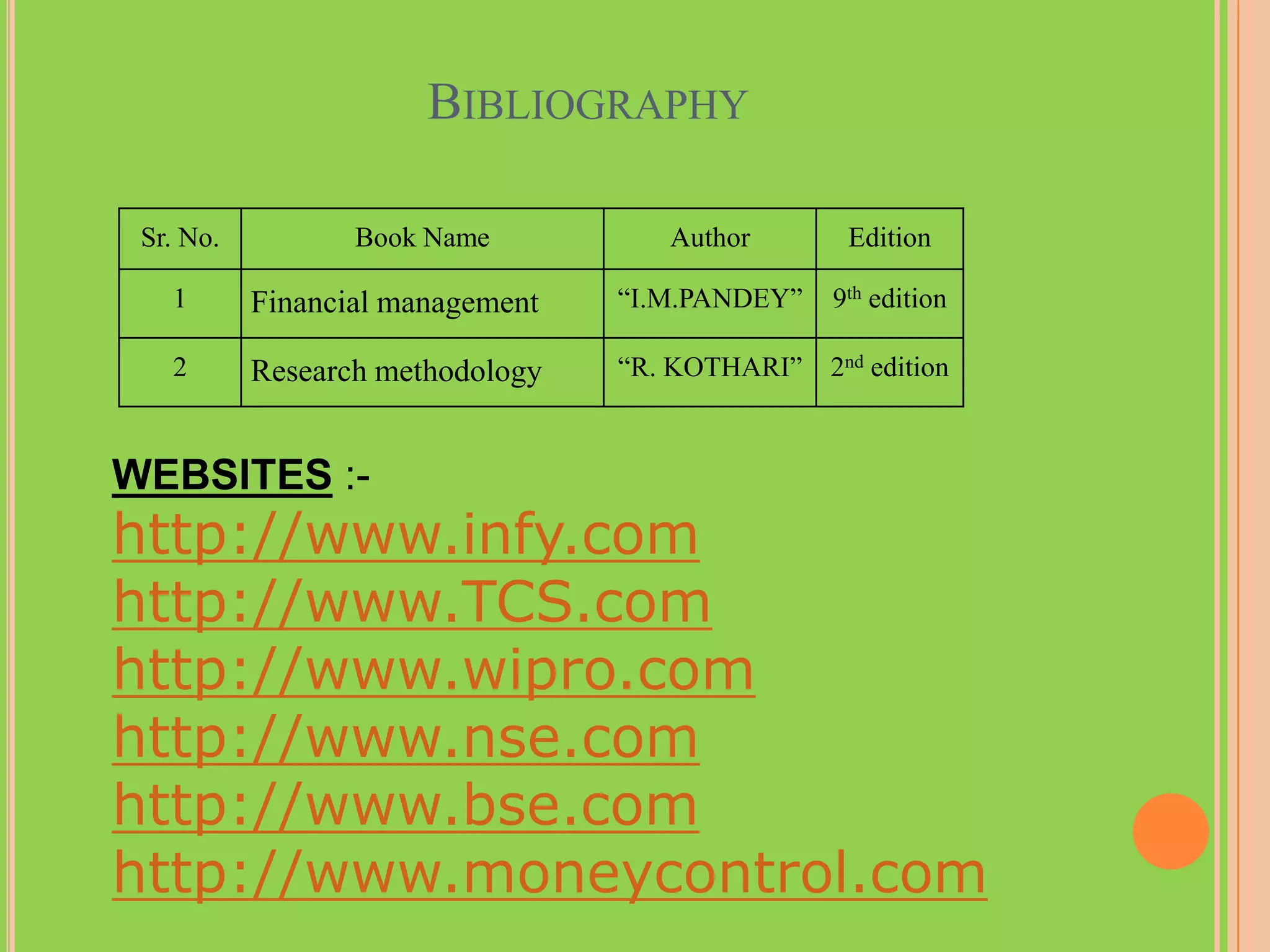 BIBLIOGRAPHY

 Sr. No.          Book Name          Author       Edition

   1       Financial management   “I.M.PANDEY”   9th edition

   2       Research methodology   “R. KOTHARI”   2nd edition



WEBSITES :-
http://www.infy.com
http://www.TCS.com
http://www.wipro.com
http://www.nse.com
http://www.bse.com
http://www.moneycontrol.com
 