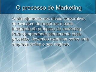 O processo de MarketingO processo de Marketing
 O planejamento nos níveis corporativo,O planejamento nos níveis corporativo,
de divisão e de negócios é partede divisão e de negócios é parte
integrante do processo de marketing.integrante do processo de marketing.
Para compreender plenamente essePara compreender plenamente esse
processo, devemos examinar como umaprocesso, devemos examinar como uma
empresa define o seu negócio.empresa define o seu negócio.
 