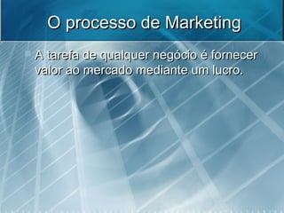 O processo de MarketingO processo de Marketing
 A tarefa de qualquer negócio é fornecerA tarefa de qualquer negócio é fornecer
valor ao mercado mediante um lucro.valor ao mercado mediante um lucro.
 