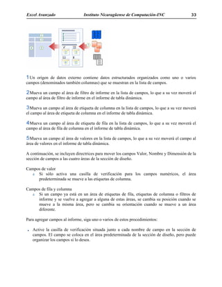Excel Avanzado Instituto Nicaragüense de Computación-INC 33
Un origen de datos externo contiene datos estructurados organizados como uno o varios
campos (denominados también columnas) que se muestran en la lista de campos.
Mueva un campo al área de filtro de informe en la lista de campos, lo que a su vez moverá el
campo al área de filtro de informe en el informe de tabla dinámica.
Mueva un campo al área de etiqueta de columna en la lista de campos, lo que a su vez moverá
el campo al área de etiqueta de columna en el informe de tabla dinámica.
Mueva un campo al área de etiqueta de fila en la lista de campos, lo que a su vez moverá el
campo al área de fila de columna en el informe de tabla dinámica.
Mueva un campo al área de valores en la lista de campos, lo que a su vez moverá el campo al
área de valores en el informe de tabla dinámica.
A continuación, se incluyen directrices para mover los campos Valor, Nombre y Dimensión de la
sección de campos a las cuatro áreas de la sección de diseño.
Campos de valor
Si sólo activa una casilla de verificación para los campos numéricos, el área
predeterminada se mueve a las etiquetas de columna.
Campos de fila y columna
Si un campo ya está en un área de etiquetas de fila, etiquetas de columna o filtros de
informe y se vuelve a agregar a alguna de estas áreas, se cambia su posición cuando se
mueve a la misma área, pero se cambia su orientación cuando se mueve a un área
diferente.
Para agregar campos al informe, siga uno o varios de estos procedimientos:
Active la casilla de verificación situada junto a cada nombre de campo en la sección de
campos. El campo se coloca en el área predeterminada de la sección de diseño, pero puede
organizar los campos si lo desea.
 