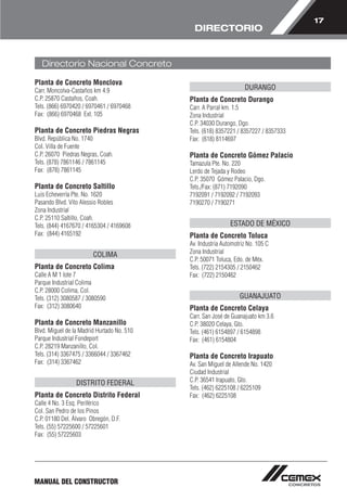 17 
MANUAL DEL CONSTRUCTOR 
DIRECTORIO 
Planta de Concreto Monclova 
Carr. Moncolva-Castaños km 4.9 
C.P. 25870 Castaños, Coah. 
Tels. (866) 6970420 / 6970461 / 6970468 
Fax: (866) 6970468 Ext. 105 
Planta de Concreto Piedras Negras 
Blvd. República No. 1740 
Col. Villa de Fuente 
C.P. 26070 Piedras Negras, Coah. 
Tels. (878) 7861146 / 7861145 
Fax: (878) 7861145 
Planta de Concreto Saltillo 
Luis Echeverría Pte. No. 1620 
Pasando Blvd. Vito Alessio Robles 
Zona Industrial 
C.P. 25110 Saltillo, Coah. 
Tels. (844) 4167670 / 4165304 / 4169608 
Fax: (844) 4165192 
COLIMA 
Planta de Concreto Colima 
Calle A M 1 lote 7 
Parque Industrial Colima 
C.P. 28000 Colima, Col. 
Tels. (312) 3080587 / 3080590 
Fax: (312) 3080640 
Planta de Concreto Manzanillo 
Blvd. Miguel de la Madrid Hurtado No. 510 
Parque Industrial Fondeport 
C.P. 28219 Manzanillo, Col. 
Tels. (314) 3367475 / 3366044 / 3367462 
Fax: (314) 3367462 
DISTRITO FEDERAL 
Planta de Concreto Distrito Federal 
Calle 4 No. 3 Esq. Periférico 
Col. San Pedro de los Pinos 
C.P. 01180 Del. Álvaro Obregón, D.F. 
Tels. (55) 57225600 / 57225601 
Fax: (55) 57225603 
DURANGO 
Planta de Concreto Durango 
Carr. A Parral km. 1.5 
Zona Industrial 
C.P. 34030 Durango, Dgo. 
Tels. (618) 8357221 / 8357227 / 8357333 
Fax: (618) 8114697 
Planta de Concreto Gómez Palacio 
Tamazula Pte. No. 220 
Lerdo de Tejada y Rodeo 
C.P. 35070 Gómez Palacio, Dgo. 
Tels./Fax: (871) 7192090 
7192091 / 7192092 / 7192093 
7190270 / 7190271 
ESTADO DE MÉXICO 
Planta de Concreto Toluca 
Av. Industria Automotriz No. 105 C 
Zona Industrial 
C.P. 50071 Toluca, Edo. de Méx. 
Tels. (722) 2154305 / 2150462 
Fax: (722) 2150462 
GUANAJUATO 
Planta de Concreto Celaya 
Carr. San José de Guanajuato km 3.6 
C.P. 38020 Celaya, Gto. 
Tels. (461) 6154897 / 6154898 
Fax: (461) 6154804 
Planta de Concreto Irapuato 
Av. San Miguel de Allende No. 1420 
Ciudad Industrial 
C.P. 36541 Irapuato, Gto. 
Tels. (462) 6225108 / 6225109 
Fax: (462) 6225108 
Directorio Nacional Concreto 
 