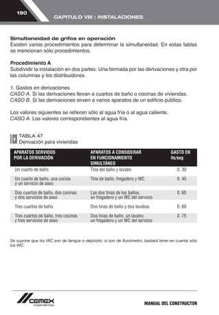 MANUAL DEL CONSTRUCTOR 
190 
CAPITULO VIII : INSTALACIONES 
Simultaneidad de grifos en operación 
Existen varios procedimientos para determinar la simultaneidad. En estas tablas 
se mencionan sólo procedimientos. 
Procedimiento A 
Subdividir la instalación en dos partes: Una formada por las derivaciones y otra por 
las columnas y los distribuidores. 
1. Gastos en derivaciones 
CASO A. Si las derivaciones llevan a cuartos de baño o cocinas de viviendas. 
CASO B. Si las derivaciones sirven a varios aparatos de un edificio público. 
Los valores siguientes se refieren sólo al agua fría o al agua caliente. 
CASO A. Los valores correspondientes al agua fría. 
TABLA 47 
Derivación para viviendas 
APARATOS SERVIDOS APARATOS A CONSIDERAR GASTO EN 
POR LA DERIVACIÓN EN FUNCIONAMIENTO lts/seg 
SIMULTÁNEO 
Un cuarto de baño Tina del baño y lavabo 0. 30 
Un cuarto de baño, una cocina Tina de baño, fregadero y WC 0. 45 
y un servicio de aseo 
Dos cuartos de baño, dos cocinas Las dos tinas de los baños, 0. 65 
y dos servicios de aseo un fregadero y un WC del servicio 
Tres cuartos de baño Dos tinas de baño y dos lavabos 0. 60 
Tres cuartos de baño, tres cocinas Dos tinas de baño, un lavabo, 0. 75 
y tres servicios de aseo un fregadero y un WC del servicio 
Se supone que los WC son de tanque o depósito; si son de fluxómetro, bastará tener en cuenta sólo 
los WC. 
 