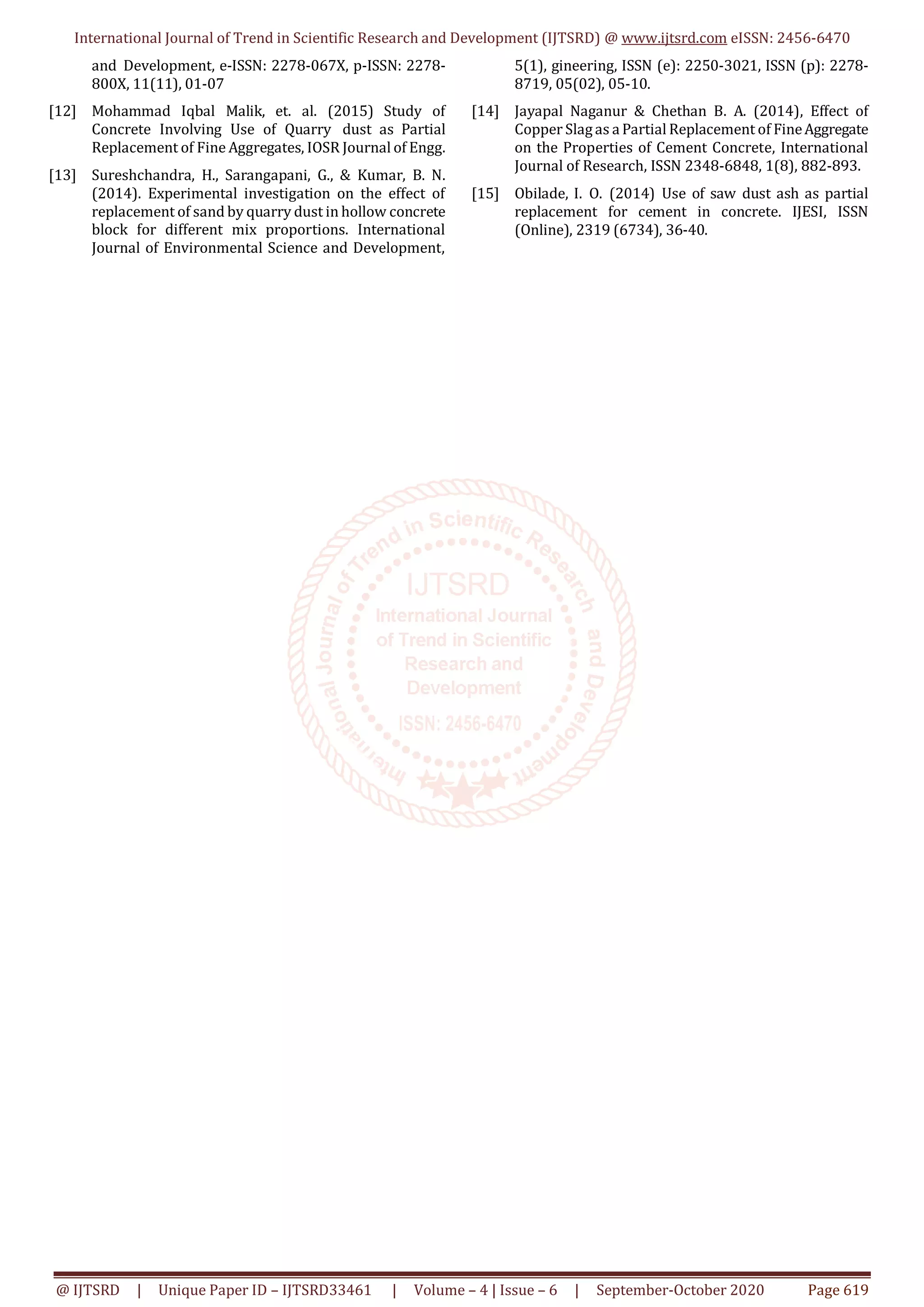 International Journal of Trend in Scientific Research and Development (IJTSRD) @ www.ijtsrd.com eISSN: 2456-6470
@ IJTSRD | Unique Paper ID – IJTSRD33461 | Volume – 4 | Issue – 6 | September-October 2020 Page 619
and Development, e-ISSN: 2278-067X, p-ISSN: 2278-
800X, 11(11), 01-07
[12] Mohammad Iqbal Malik, et. al. (2015) Study of
Concrete Involving Use of Quarry dust as Partial
Replacement of Fine Aggregates, IOSR Journal of Engg.
[13] Sureshchandra, H., Sarangapani, G., & Kumar, B. N.
(2014). Experimental investigation on the effect of
replacement of sand by quarry dust in hollow concrete
block for different mix proportions. International
Journal of Environmental Science and Development,
5(1), gineering, ISSN (e): 2250-3021, ISSN (p): 2278-
8719, 05(02), 05-10.
[14] Jayapal Naganur & Chethan B. A. (2014), Effect of
Copper Slagas a Partial Replacement of FineAggregate
on the Properties of Cement Concrete, International
Journal of Research, ISSN 2348-6848, 1(8), 882-893.
[15] Obilade, I. O. (2014) Use of saw dust ash as partial
replacement for cement in concrete. IJESI, ISSN
(Online), 2319 (6734), 36-40.
 