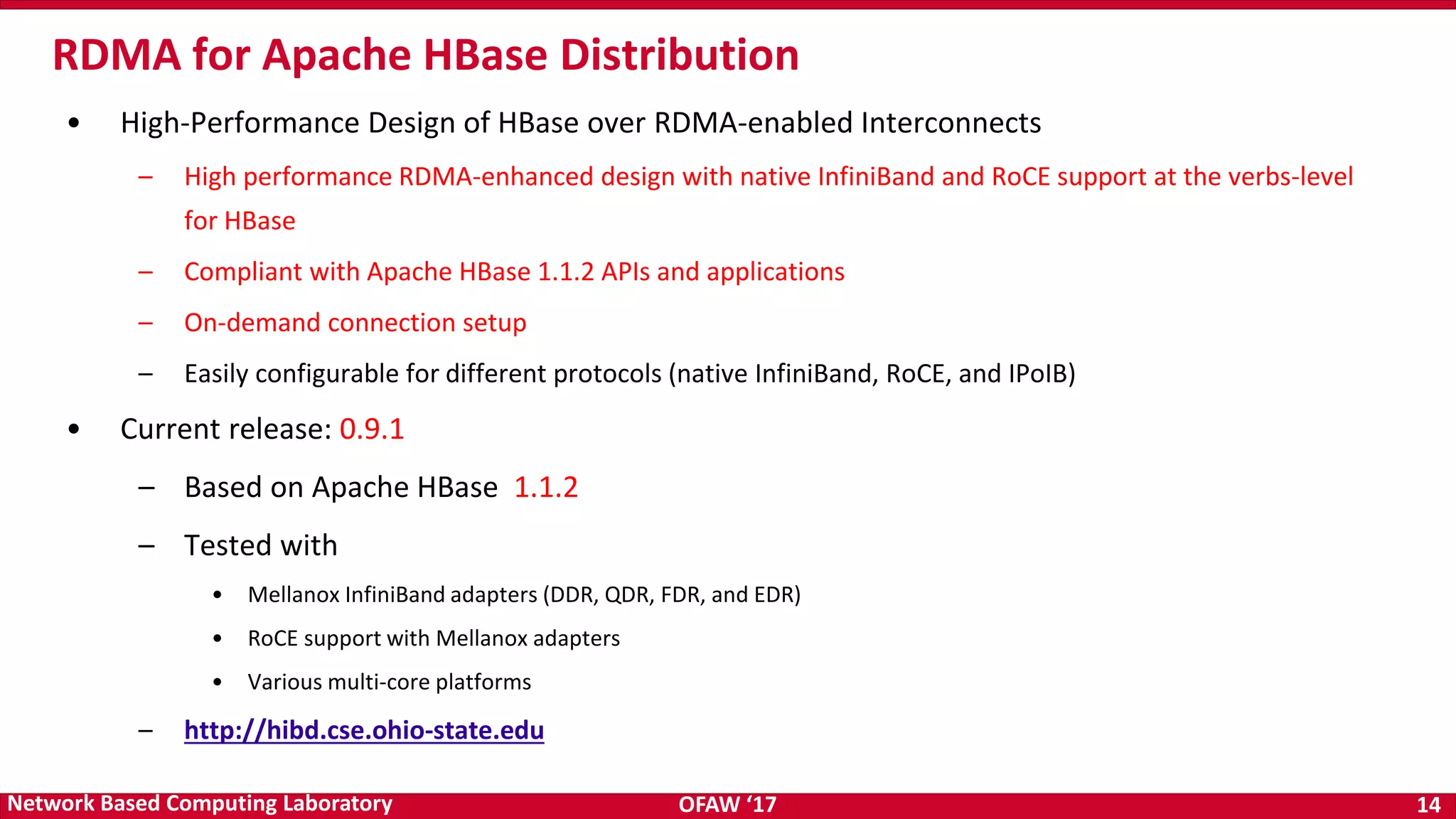 OFAW ‘17 14Network Based Computing Laboratory • High-Performance Design of HBase over RDMA-enabled Interconnects – High performance RDMA-enhanced design with native InfiniBand and RoCE support at the verbs-level for HBase – Compliant with Apache HBase 1.1.2 APIs and applications – On-demand connection setup – Easily configurable for different protocols (native InfiniBand, RoCE, and IPoIB) • Current release: 0.9.1 – Based on Apache HBase 1.1.2 – Tested with • Mellanox InfiniBand adapters (DDR, QDR, FDR, and EDR) • RoCE support with Mellanox adapters • Various multi-core platforms – http://hibd.cse.ohio-state.edu RDMA for Apache HBase Distribution 