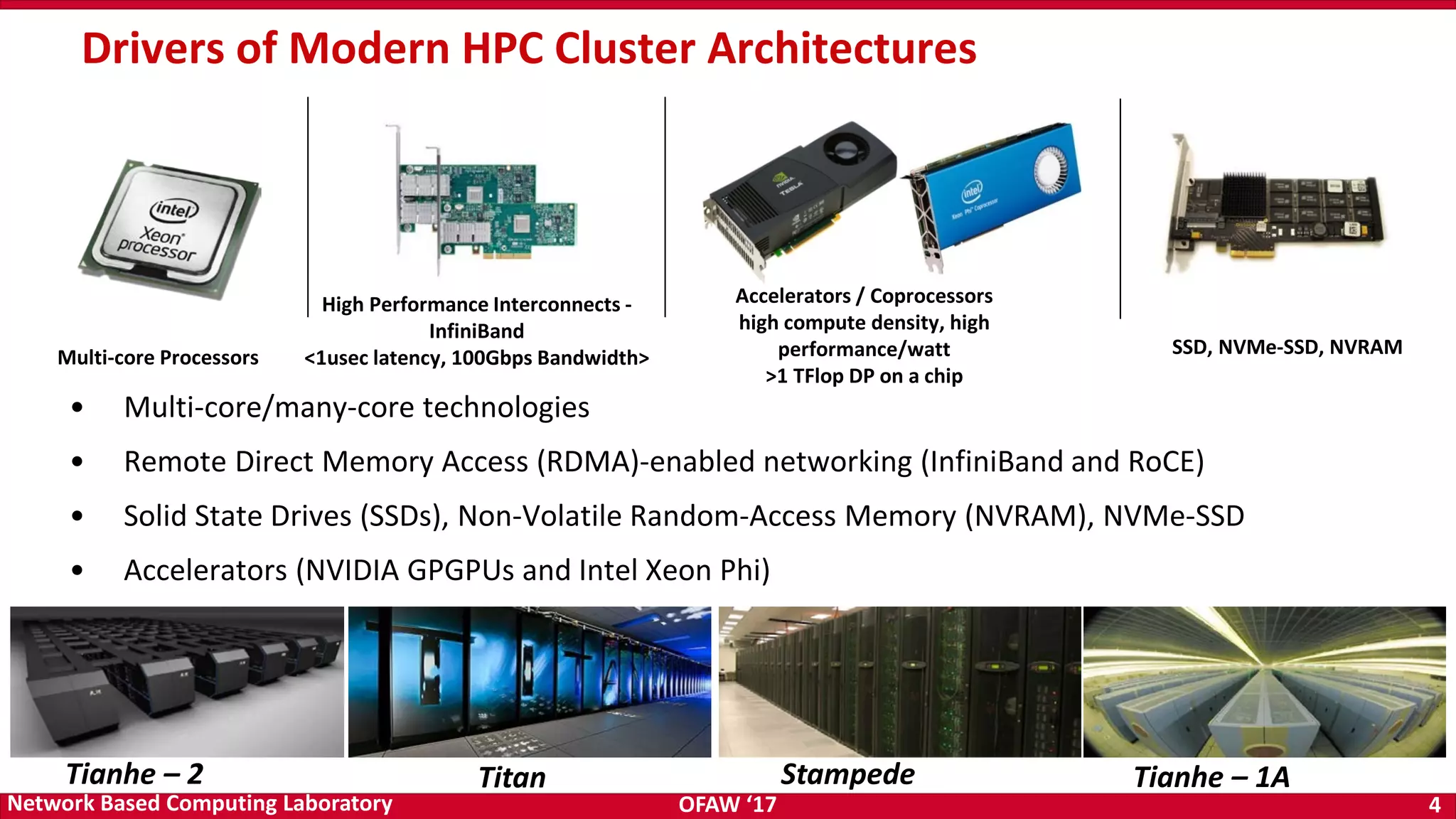 OFAW ‘17 4Network Based Computing Laboratory Drivers of Modern HPC Cluster Architectures Tianhe – 2 Titan Stampede Tianhe – 1A • Multi-core/many-core technologies • Remote Direct Memory Access (RDMA)-enabled networking (InfiniBand and RoCE) • Solid State Drives (SSDs), Non-Volatile Random-Access Memory (NVRAM), NVMe-SSD • Accelerators (NVIDIA GPGPUs and Intel Xeon Phi) Accelerators / Coprocessors high compute density, high performance/watt >1 TFlop DP on a chip High Performance Interconnects - InfiniBand <1usec latency, 100Gbps Bandwidth>Multi-core Processors SSD, NVMe-SSD, NVRAM 