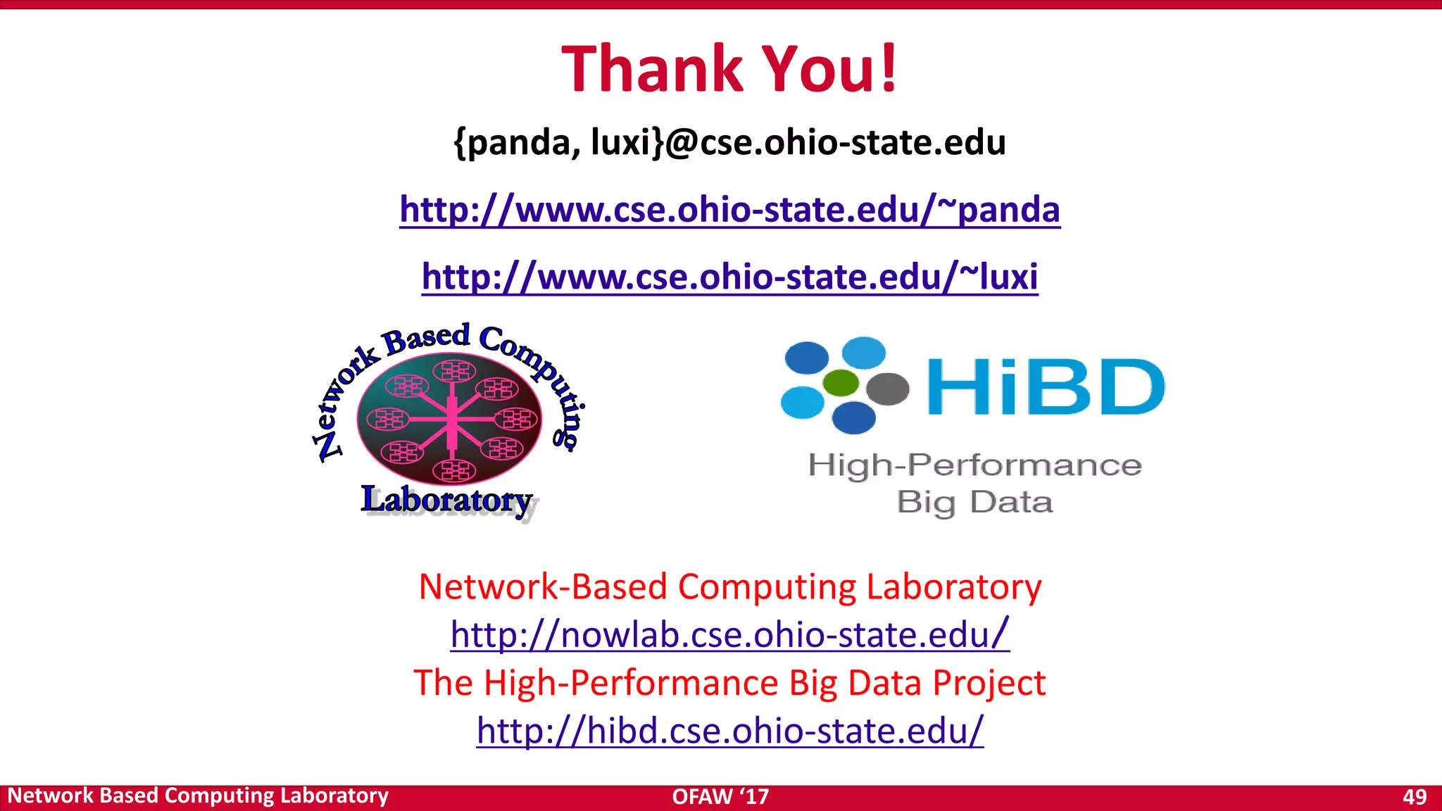 OFAW ‘17 49Network Based Computing Laboratory {panda, luxi}@cse.ohio-state.edu http://www.cse.ohio-state.edu/~panda http://www.cse.ohio-state.edu/~luxi Thank You! Network-Based Computing Laboratory http://nowlab.cse.ohio-state.edu/ The High-Performance Big Data Project http://hibd.cse.ohio-state.edu/ 