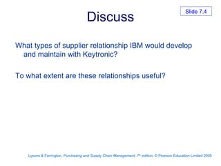 Discuss What types of supplier relationship IBM would develop and maintain with Keytronic?  To what extent are these relationships useful?  