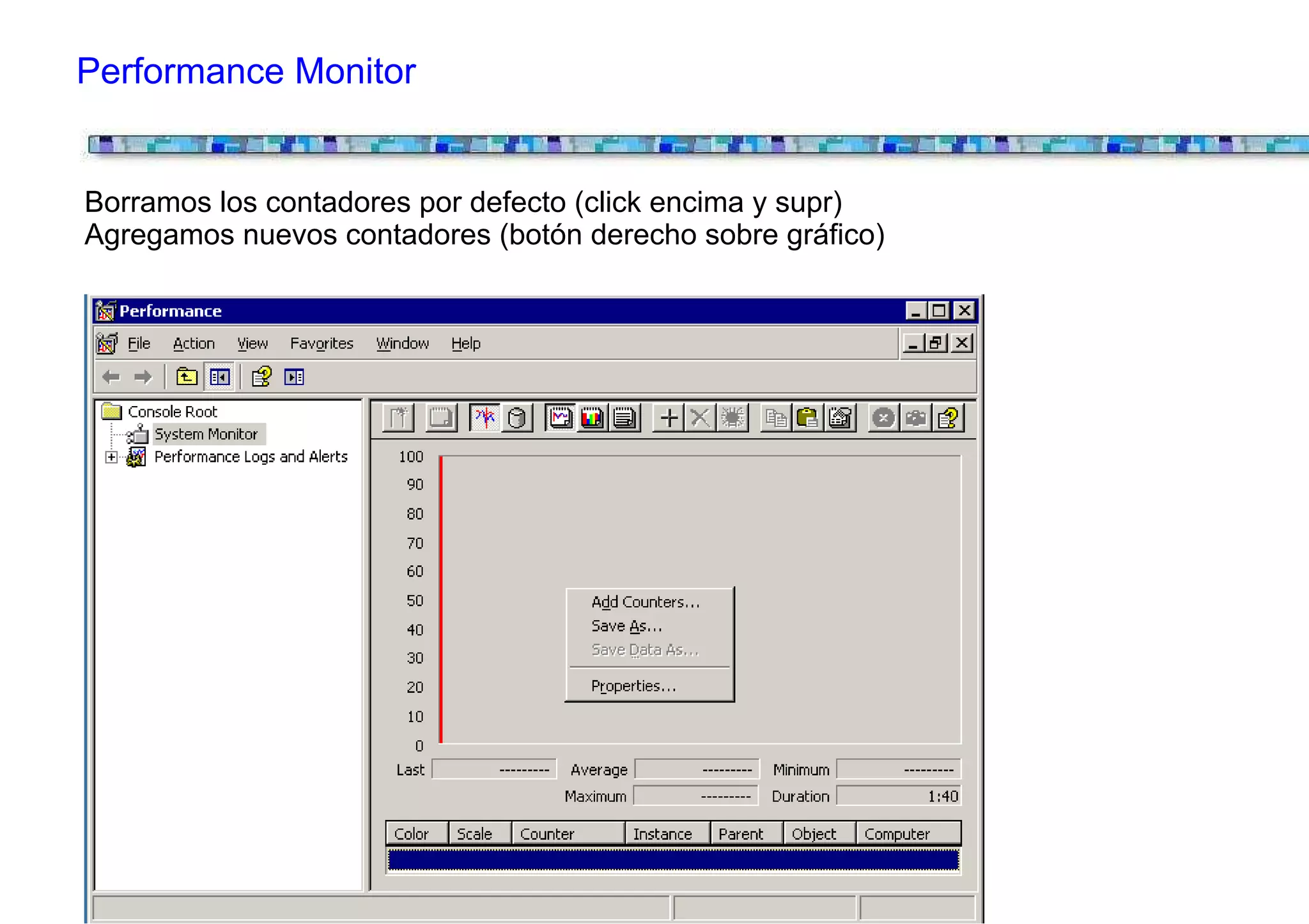 Performance Monitor


Borramos los contadores por defecto (click encima y supr)
Agregamos nuevos contadores (botón derecho sobre gráfico)
 