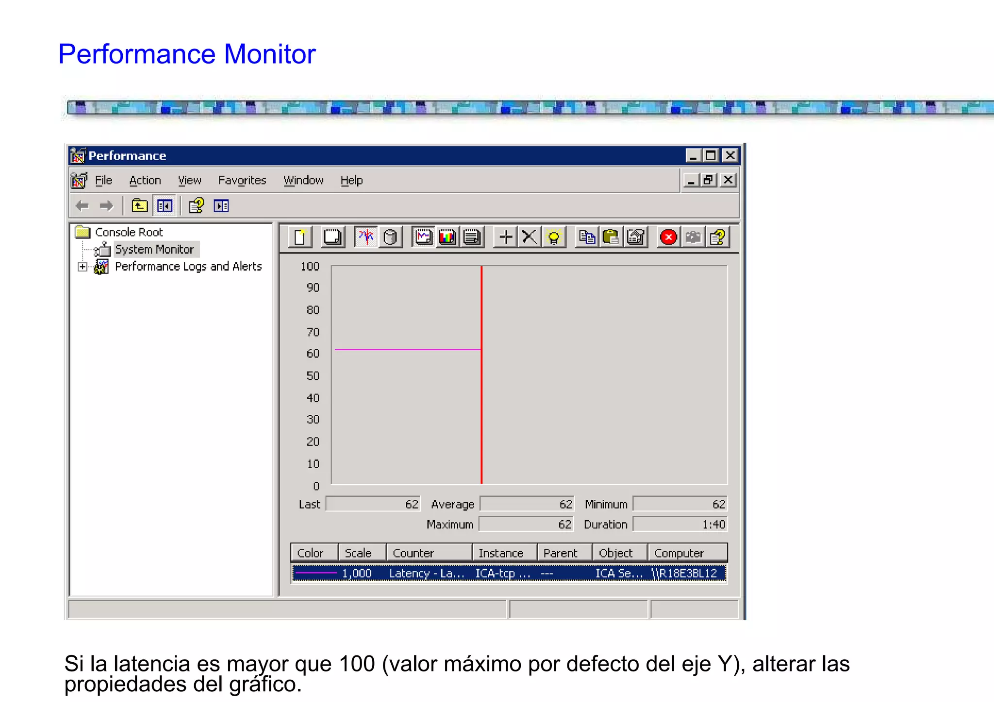 Performance Monitor




Si la latencia es mayor que 100 (valor máximo por defecto del eje Y), alterar las
propiedades del gráfico.
 