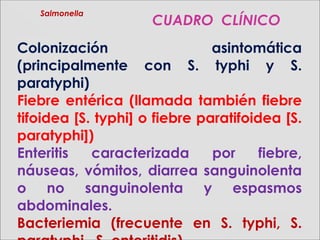 SalmonellaSalmonella
Colonización asintomática
(principalmente con S. typhi y S.
paratyphi)
Fiebre entérica (llamada también fiebre
tifoidea [S. typhi] o fiebre paratifoidea [S.
paratyphi])
Enteritis caracterizada por fiebre,
náuseas, vómitos, diarrea sanguinolenta
o no sanguinolenta y espasmos
abdominales.
Bacteriemia (frecuente en S. typhi, S.
CUADROCUADRO CLÍNICOCLÍNICO
 