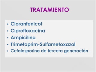 TRATAMIENTOTRATAMIENTO
• Cloranfenicol
• Ciprofloxacina
• Ampicilina
• Trimetoprim-Sulfametoxazol
• Cefalosporina de tercera generación
 