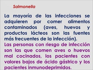 La mayoría de las infecciones se
adquieren por comer alimentos
contaminados (aves, huevos y
productos lácteos son las fuentes
más frecuentes de la infección).
Las personas con riesgo de infección
son las que comen aves o huevos
mal cocinados, los pacientes con
valores bajos de ácido gástrico y los
pacientes inmunodeprimidos.
SalmonellaSalmonella
 