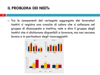 18
IL PROBLEMA DEI NEETs
 Tra le componenti del variegato aggregato dei lavoratori
inattivi si registra una crescita di coloro che si collocano nel
gruppo di disoccupato e inattivo, vale a dire il gruppo degli
inattivi che si dichiarano disponibili a lavorare, ma non cercano
lavoro e in particolare degli «scoraggiati»
 