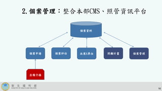 2.個案管理：整合本部CMS、照管資訊平台
個案資料
個案申請 個案評估 派案A單位 照顧計畫 個案管理
出備介接
16
 