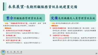 未來展望-長期照顧服務資訊系統建置完備
整合照顧服務管理資訊系統 完備長照機構及人員管理資訊系統
•功能:「照顧服務管理資訊平臺」功能增修，並與「長期
照護案例分類資訊系統(評估APP)」系統整合。
•預期成效:
 長照給付及支付平均每月申報金額：
預計自107年約7億元，成長至108年約9.9億元。
 長照服務人數：
預計自107年約17萬人，成長至108年約23萬人。
 照管平臺使用者人數：
預計自107年約3萬多人，成長至108年約4萬多人。
•功能:提供長照機構及長照人員之管理。
•預期成效:
 配賦長照機構代碼：識別長照機構之唯一與正確性，並統一
管理長照人員認證、登錄及支援報備情形，成為長照機構暨
長照人員管理唯一來源之資訊系統。
 勾稽照管平台申報功能：
預計於108年5月與照管平台勾稽完成，服務單位申報費用時，
檢核該單位之長照人員於長照機構人員系統認證及登錄情形。
20
 