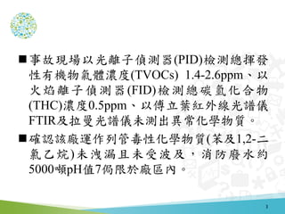 事故現場以光離子偵測器(PID)檢測總揮發
性有機物氣體濃度(TVOCs) 1.4-2.6ppm、以
火焰離子偵測器(FID)檢測總碳氫化合物
(THC)濃度0.5ppm、以傅立葉紅外線光譜儀
FTIR及拉曼光譜儀未測出異常化學物質。
確認...