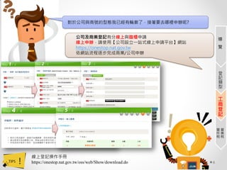 6
對於公司與商號的型態我已經有輪廓了，接著要去哪裡申辦呢?
公司及商業登記有分線上與臨櫃申請
線上申辦，請使用【公司設立一站式線上申請平台】網站
https://onestop.nat.gov.tw
依網站流程逐步完成商業/公司申辦
線上登記操作手冊
https://onestop.nat.gov.tw/oss/web/Show/download.do
導
覽
登
記
類
型
工
商
登
記
營
業
稅
營
所
稅
 