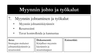 Myynnin johto ja työkalut
7. Myynnin johtaminen ja työkalut
    •    Myynnin johtamiskäytännöt
    •    Resurssointi
    •    Tavat kontrolloida ja kannustaa

Arvo:                  Dokumentti:           Esimerkki:
Strategian mukaiset    Kirjalliset myynnin
johtamiskäytännöt ja   käytännöt ja
resurssointi           resurssitarpeet
 