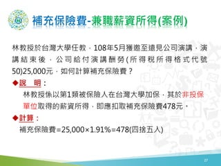 補充保險費-兼職薪資所得(案例)
27
林教授於台灣大學任教，108年5月獲邀至遠見公司演講，演
講 結 束 後 ， 公 司 給 付 演 講 酬 勞 ( 所 得 稅 所 得 格 式 代 號
50)25,000元，如何計算補充保險費？
說 明：
林教授係以第1類被保險人在台灣大學加保，其於非投保
單位取得的薪資所得，即應扣取補充保險費478元。
計算：
補充保險費=25,000×1.91%=478(四捨五入)
 