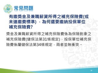 常見問題
有繳獎金及兼職薪資所得之補充保險費(或
未達繳費標準) ，為何還要繳納投保單位
補充保險費?
獎金及兼職薪資所得之補充保險費係為保險對象之
補充保險費(健保法第31條規定)，投保單位補充保
險費係屬健保法第34條規定，兩者並無衝突。
28
 