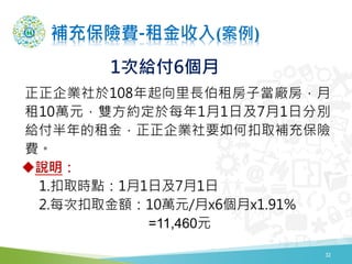 補充保險費-租金收入(案例)
32
正正企業社於108年起向里長伯租房子當廠房，月
租10萬元，雙方約定於每年1月1日及7月1日分別
給付半年的租金，正正企業社要如何扣取補充保險
費。
說明：
1.扣取時點：1月1日及7月1日
2.每次扣取金額：10萬元/月x6個月x1.91%
=11,460元
1次給付6個月
 