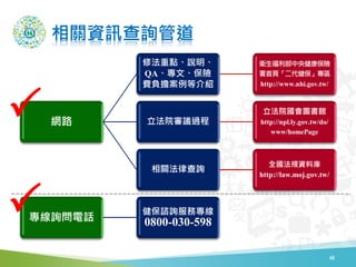 相關資訊查詢管道
48
網路
修法重點、說明、
QA、專文、保險
費負擔案例等介紹
衛生福利部中央健康保險
署首頁「二代健保」專區
http://www.nhi.gov.tw/
立法院審議過程
立法院國會圖書館
http://npl.ly.gov.tw/do/
www/homePage
相關法律查詢
全國法規資料庫
http://law.moj.gov.tw/
專線詢問電話
健保諮詢服務專線
0800-030-598


 