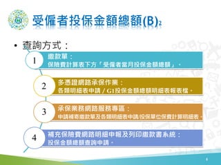 受僱者投保金額總額(B)2
• 查詢方式：
8
繳款單：
保險費計算表下方「受僱者當月投保金額總額」。
多憑證網路承保作業：
各類明細表申請／G1投保金額總額明細表報表檔。
承保業務網路服務專區：
申請補寄繳款單及各類明細表申請/投保單位保費計算明細表。
補充保險費網路明細申報及列印繳款書系統：
投保金額總額查詢申請。
1
2
3
4
 