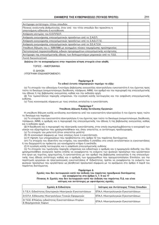 ΕΦΗΜΕΡΙΣ ΤΗΣ ΚΥΒΕΡΝΗΣΕΩΣ (ΤΕΥΧΟΣ ΠΡΩΤΟ) 2111
Αντίγραφο αντίστοιχου τίτλου σπουδών.
Πίνακας αναλυτικής βαθμολογίας, όταν από τον τίτλο σπουδών δεν προκύπτει η
απαιτούμενη ειδίκευση ή κατεύθυνση
Απόφαση ισοτιμίας του Ε.Ο.Π.Π.Ε.Π.
Απόφαση αναγνώρισης επαγγελματικών προσόντων από το Σ.Α.Ε.Π.
Απόφαση αναγνώρισης επαγγελματικών προσόντων από το Σ.Α.Ε.Ι.Τ.Τ.Ε.
Απόφαση αναγνώρισης επαγγελματικών προσόντων από το Σ.Ε.Α.Τ.Ε.Κ.
Υπεύθυνη δήλωση του ν. 1599/1986 με συνημμένο πίνακα τεκμηρίωσης προϋπηρεσίας
Πιστοποιητικό παρακολούθησης ειδικών προγραμμάτων επαγγελματικής κατάρτισης.
Αντίγραφο της επαγγελματικής άδειας των διπλωματούχων μηχανικών από το Τ.Ε.Ε.
Λοιπά δικαιολογητικά
Δηλώνω ότι τα αναγραφόμενα στην παρούσα αίτηση στοιχεία είναι αληθή.
ΤΟΠΟΣ − ΗΜΕΡΟΜΗΝΙΑ
Ο ΔΗΛΩΝ
(ΥΠΟΓΡΑΦΗ ΕΝΔΙΑΦΕΡΟΜΕΝΟΥ)
Παράρτημα Β
Το ειδικό έντυπο πληροφοριών περιέχει τα εξής:
(α) Τα στοιχεία του αδειούχου ή κατόχου βεβαίωσης αναγγελίας ηλεκτρολόγου εγκαταστάτη ή του έχοντος προς
τούτο το δικαίωμα (ονοματεπώνυμο, διεύθυνση, τηλέφωνο, ΑΦΜ), τον αριθμό και την περιγραφή της επαγγελματικής
του άδειας ή της βεβαίωσης αναγγελίας, καθώς και την εκδούσα αρχή.
(β) Τον τιμοκατάλογο παροχής υπηρεσιών, την εγγύηση καλής λειτουργίας και την ασφάλιση επαγγελματικής
ευθύνης.
(γ) Τους κανονισμούς σύμφωνα με τους οποίους εκτελείται η εγκατάσταση.
Παράρτημα Γ
Υπεύθυνη Δήλωση Καλής Εκτέλεσης Εργασιών
Η υπεύθυνη δήλωση καλής εκτέλεσης συντάσσεται από τον εγκαταστάτη ηλεκτρολόγο ή τον έχοντα προς τούτο
το δικαίωμα και περιέχει:
(α) Τα στοιχεία του εγκαταστάτη ηλεκτρολόγου ή του έχοντος προ τούτο το δικαίωμα (ονοματεπώνυμο, διεύθυνση,
τηλέφωνο, ΑΦΜ), ο αριθμός και η περιγραφή της επαγγελματικής του άδειας ή της βεβαίωσης αναγγελίας, καθώς
και η εκδούσα αρχή.
(β) Η διεύθυνση και η περιγραφή της ηλεκτρικής εγκατάστασης, στην οποία συμπεριλαμβάνονται η αναγραφή των
υλικών και εξαρτημάτων που χρησιμοποιήθηκαν και, όπου απαιτείται, οι αντίστοιχες προδιαγραφές.
(γ) Τα στοιχεία του μελετητή (όταν απαιτείται μελέτη)
(δ) Οι κανονισμοί σύμφωνα με τους οποίους έγινε η εγκατάσταση.
(ε) Η τήρηση των υποχρεώσεων που προβλέπονται στο άρθρο 12 του παρόντος διατάγματος
(στ) Τα στοιχεία του ιδιοκτήτη του κτηρίου, του οικοπέδου ή γηπέδου στο οποίο εκτελέστηκαν οι εγκαταστάσεις
ή του διαχειριστή αν πρόκειται για κοινόχρηστο κτήριο ή οικόπεδο.
(ζ) Η εγγύηση καλής λειτουργίας και η ασφάλιση επαγγελματικής ευθύνης
(η) Τα στοιχεία του τιμολογίου παροχής υπηρεσιών και ειδικότερα ο αριθμός και η ημερομηνία έκδοσής του. Εάν
χρησιμοποιήθηκε συνεργείο πρέπει επίσης να αναφέρονται τα ονόματα των φυσικών προσώπων που εργάστηκαν
στο έργο ως τεχνίτες, αρχιτεχνίτες, ή εγκαταστάτες με τον αριθμό της βεβαίωσης αναγγελίας ή της επαγγελμα−
τικής τους άδειας αντίστοιχα, καθώς και ο αριθμός των ημερομισθίων που πραγματοποίησαν. Επιπλέον, για την
περίπτωση εργασιών σε ηλεκτρολογικές εγκαταστάσεις Α΄ Ειδικότητας, πρέπει να αναφέρονται τα ονόματα των
φυσικών προσώπων που εργάστηκαν ως βοηθητικό προσωπικό σύμφωνα με τα οριζόμενα στο άρθρο 4 παρ.8 του
παρόντος διατάγματος.
Παράρτημα Δ
Σχολές που δεν λειτουργούν κατά την έκδοση του παρόντος προεδρικού διατάγματος
και αναφέρονται στα άρθρα 5, 7, 9 και 17
Πίνακας Α: Σχολές που δεν λειτουργούν κατά την έκδοση του παρόντος Π.Δ. και είναι
ισότιμες και αντίστοιχες με υφιστάμενες σχολές.
Σχολές & Ειδικότητα Ισότιμος και Αντίστοιχος Τίτλος Σπουδών
1) Τ.Ε.Λ. Ειδικότητας Εσωτερικών Ηλεκτρικών Εγκαταστάσεων ΕΠΑ.Λ. Ηλεκτρολογικών Εγκαταστάσεων
2) Ε.Π.Λ. Ειδίκευσης Ηλεκτρολόγων Γενικών Εφαρμογών ΕΠΑ.Λ. Ηλεκτρολογικών Εγκαταστάσεων
3) Τ.Ε.Ε. Β΄Κύκλου ειδικότητας Εγκαταστάσεων Κτιρίων
& Βιομηχανικών Χώρων
ΕΠΑ.Λ. Ηλεκτρολογικών Εγκαταστάσεων
 