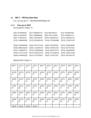 2.3 Bài 3 – Mã hóa hàm băm
Cho văn bản gốc P = TRANGIAHONGQUAN
2.3.1 Tính giá trị MD5
64-ELEMENT TABLE 'T' :
T[0]=3614090360 T[1]=3905402710 T[2]=606105819 T[3]=3250441966
T[4]=4118548399 T[5]=1200080426 T[6]=2821735955 T[7]=4249261313
T[8]=1770035416 T[9]=2336552879 T[10]=4294925233 T[11]=2304563134
T[12]=1804603682 T[13]=4254626195 T[14]=2792965006 T[15]=1236535329
…
T[44]=3654602809 T[45]=3873151461 T[46]=530742520 T[47]=3299628645
T[48]=4096336452 T[49]=1126891415 T[50]=2878612391 T[51]=4237533241
T[52]=1700485571 T[53]=2399980690 T[54]=4293915773 T[55]=2240044497
T[56]=1873313359 T[57]=4264355552 T[58]=2734768916 T[59]=1309151649
T[60]=4149444226 T[61]=3174756917 T[62]=718787259 T[63]=3951481745
OPERATION TABLE 's':
s[0]=7 s[1]=1
2
s[2]=1
7
s[3]=2
2
s[4]=7 s[5]=1
2
s[6]=1
7
s[7]=2
2
s[8]=7 s[9]=1
2
s[10]=
17
s[11]=
22
s[12]=
7
s[13]=
12
s[14]=
17
s[15]=
22
s[16]=
5
s[17]=
9
s[18]=
14
s[19]=
20
s[20]=
5
s[21]=
9
s[22]=
14
s[23]=
20
s[24]=
5
s[25]=
9
s[26]=
14
s[27]=
20
s[28]=
5
s[29]=
9
s[30]=
14
s[31]=
20
s[32]=
4
s[33]=
11
s[34]=
16
s[35]=
23
s[36]=
4
s[37]=
11
s[38]=
16
s[39]=
23
s[40]=
4
s[41]=
11
s[42]=
16
s[43]=
23
s[44]=
4
s[45]=
11
s[46]=
16
s[47]=
23
s[48]=
6
s[49]=
10
s[50]=
15
s[51]=
21
s[52]=
6
s[53]=
10
s[54]=
15
s[55]=
21
s[56]=
6
s[57]=
10
s[58]=
15
s[59]=
21
s[60]= s[61]= s[62]= s[63]=
Downloaded by Giàu Ng?c (nanco8692@gmail.com)
lOMoARcPSD|25765260
 
